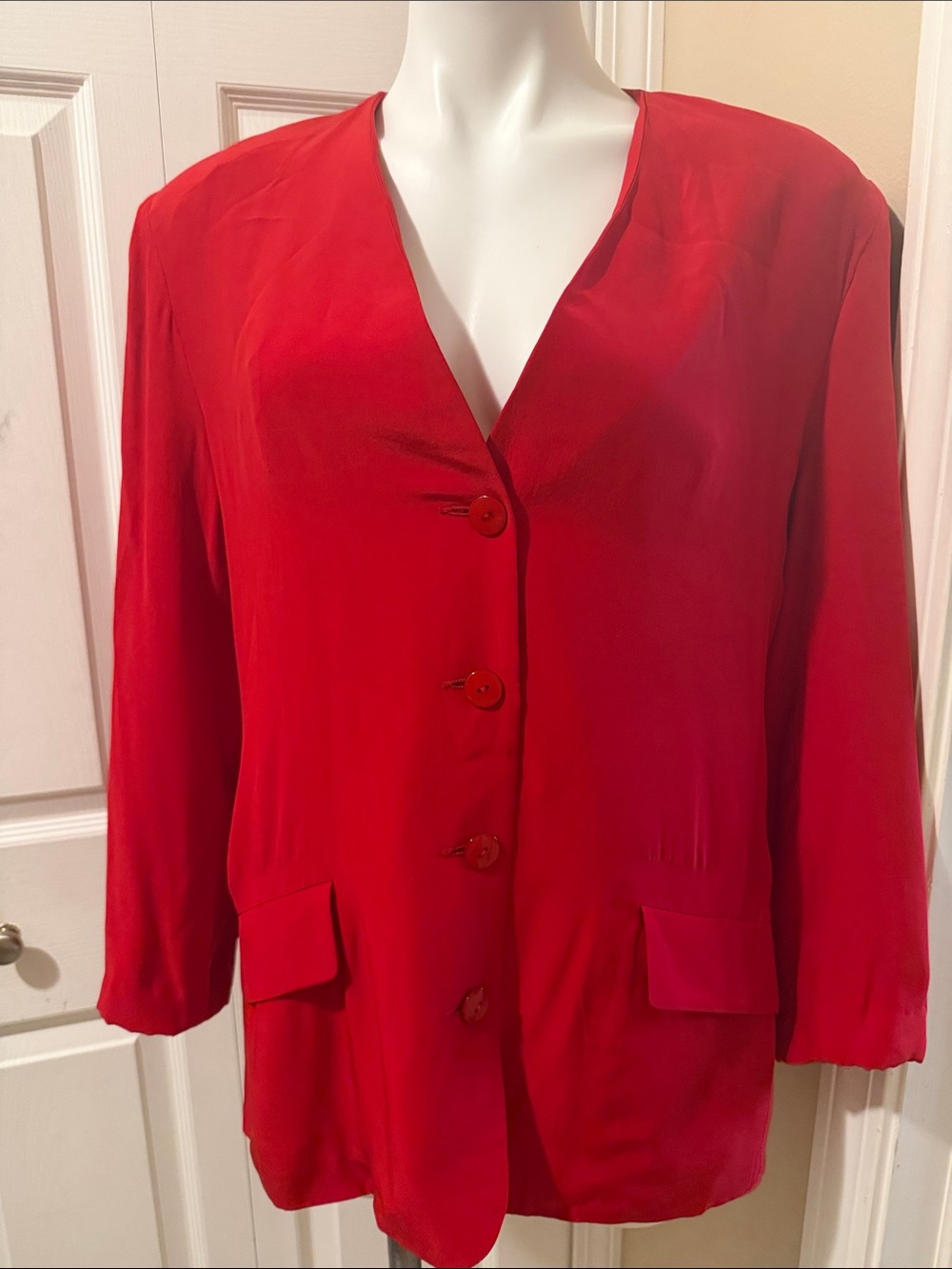 Vintage Women's Silk Red Button-Front Blazer Jacket Size 8P